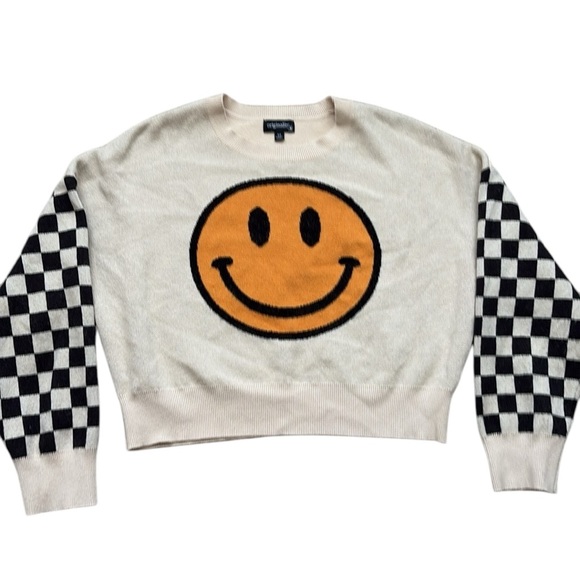 Originality Smiley Sweater Checked Sleeves Cropped Juniors Size M Cream & Black - Picture 5 of 6